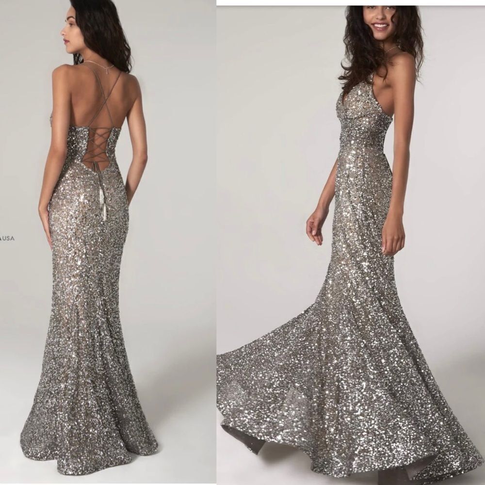 NEW SCALA silver sequined trumpet lace up back maxi gown dress 8